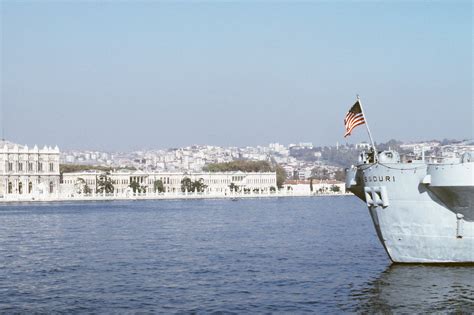 A View Of The Istanbul Skyline And The Stern Of The Battleship Uss Missouri Bb 63 The Ship Is