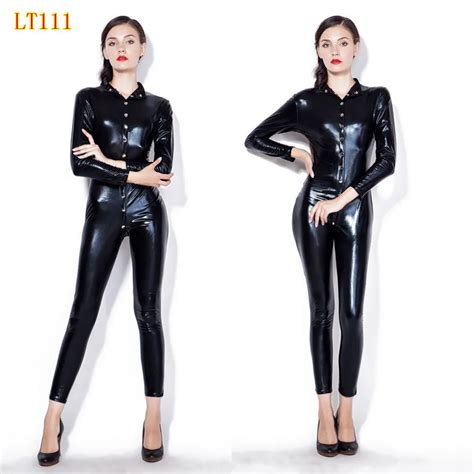 Ladies Black Sexy Latex Wetlook Catsuit Faux Leather Bodysuit Bodycon