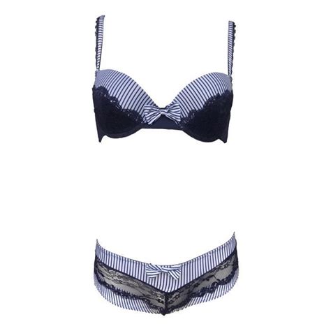 Ensemble Lingerie Soutien Gorge B Push Up Et Culotte Bleu Et Blanc