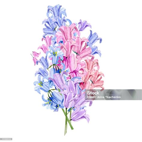 Blue Pink Violet Wildflower Bouquet Watercolor Illustration Hand Drawn