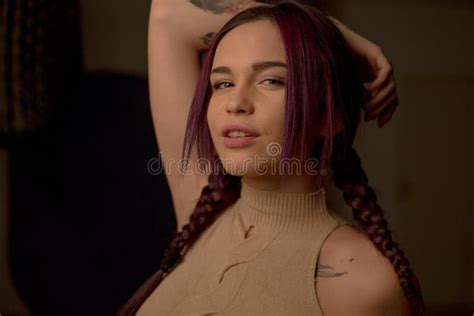 Portrait Of A Punk Girl With Purple Hair Stock Image Image Of