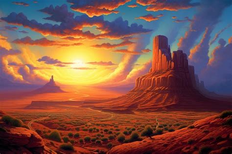 Una Pintura De Una Escena Del Desierto Con Una Puesta De Sol De Fondo