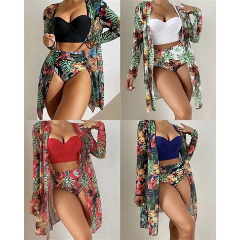 Biquíni Feminino Cintura Alta Sexy Print Conjunto De Três Peças De