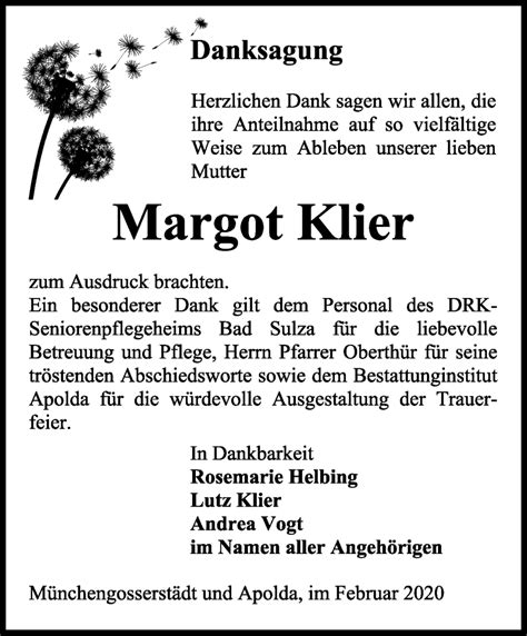 Traueranzeigen Von Margot Klier Trauer In Thueringen De