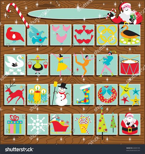 Santas Retro Advent Calendar On A Woodgrain Background Includes The