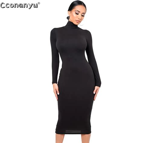 Robe Sexy Col Roul Noire Pour Femme Automne Manches Longues Skinny Midi