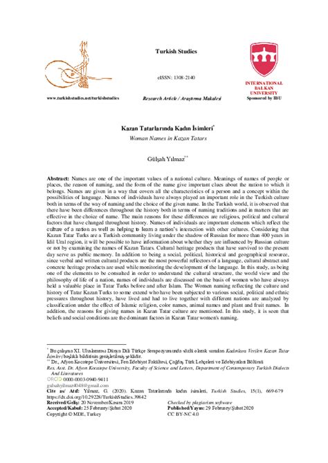 (PDF) Kazan Tatarlarında Kadın İsimleri * Woman Names in Kazan Tatars