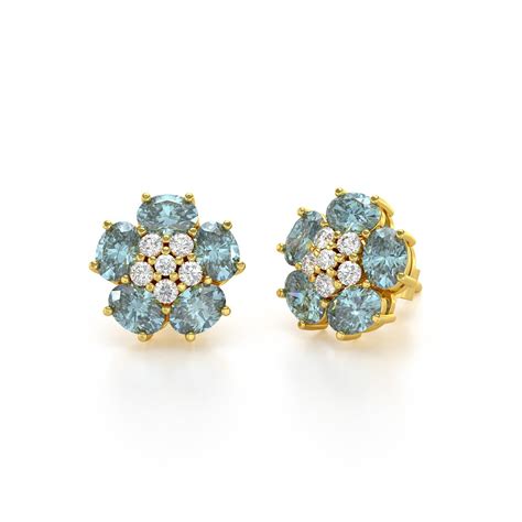 Boucles D Oreilles ADEN Or 585 Jaune Aigue Marine Fleur Et Diamants 2