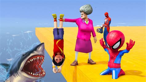 SCARY TEACHER 3D PUSHES SPIDERMAN SHIVA CARTOON INTO HINGRY SHARK MISS