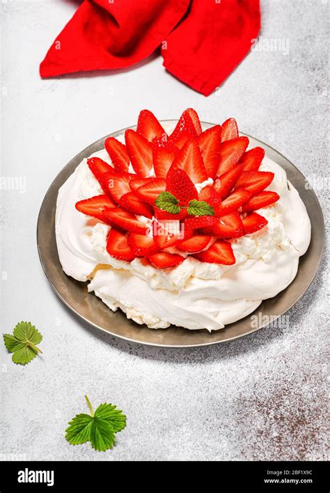 Homemade Pavlova Cake With Mascarpone Cream And Fresh Strawberries