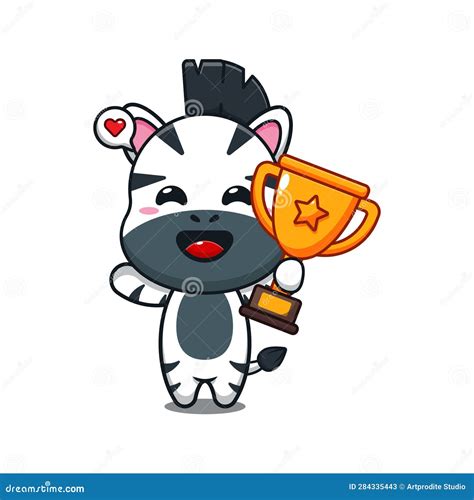 Cute Zebra Holding Gold Trophy Cup Cartoon Vector Illustration Stock