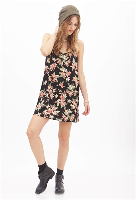 Forever Floral Foliage Slip Dress In Floral Black Peach Lyst