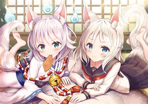 2girls Aliasing Animal Ears Aqua Eyes Bell Blush Fire Food Foxgirl