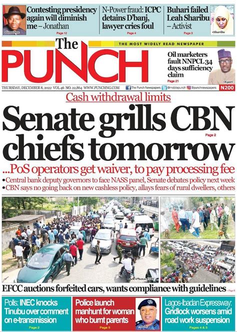 Nigerian Newspapers Daily Front Pages Review Thursday 8th December 2022