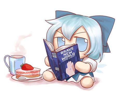 Safebooru 1girl Blue Dress Blue Eyes Blue Hair Book Bow Brave New World Cake Cirno Coffee