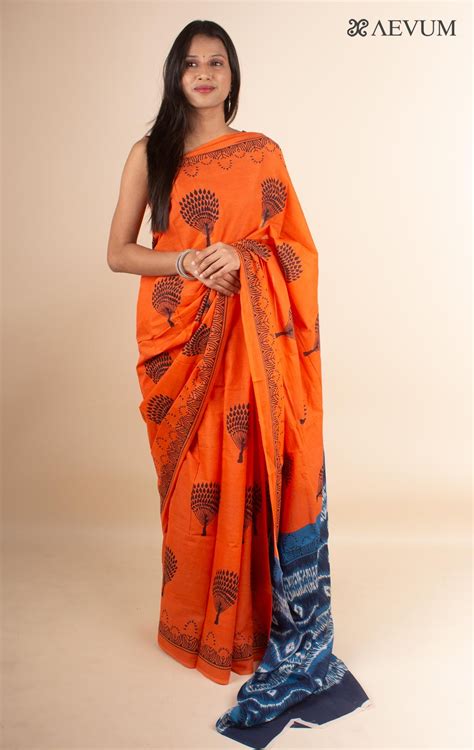 Mulmul Cotton Hand Block Printed Saree 4389 Aevum