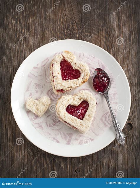 Heart Shape Sandwich With Strawberry Jam On A Plate Stock Image Image