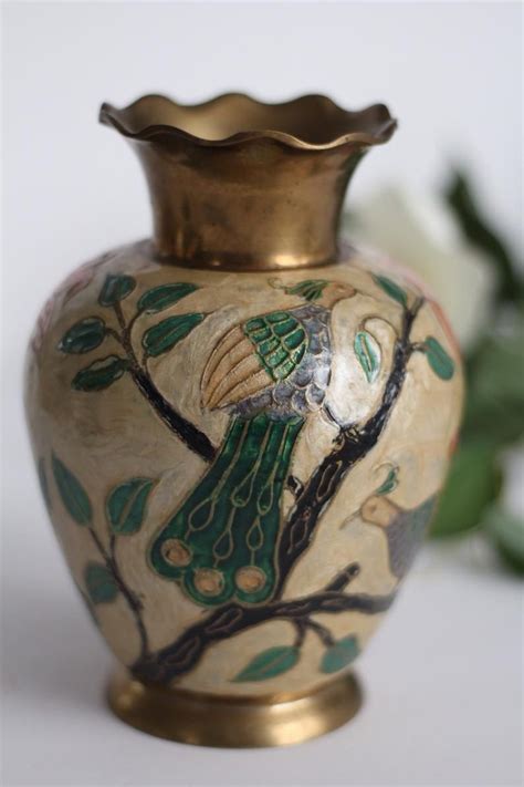 Vintage Brass Enameled Vase Cloisonné Vase Enamel Peacock Etsy