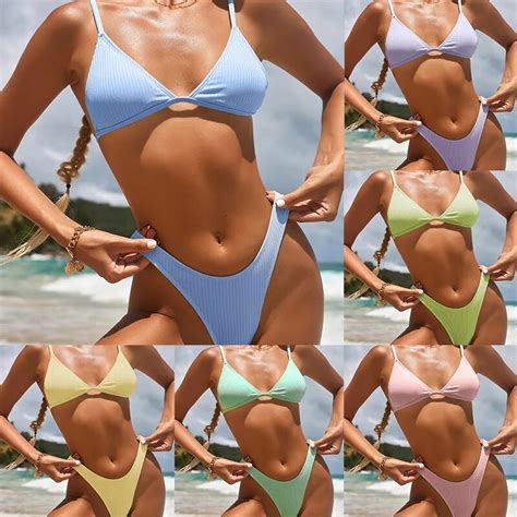 Bikini de tres puntos a rayas para mujer traje de baño de Color sólido