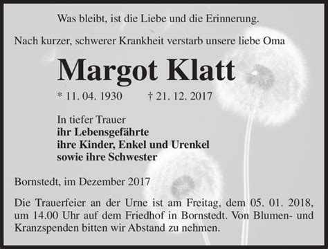 Traueranzeigen Von Margott Klatt Abschied Nehmen De