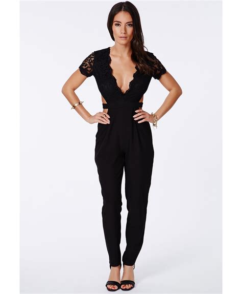 Missguided Zela Plunge Neck Lace Jumpsuit In Black Orange Lyst