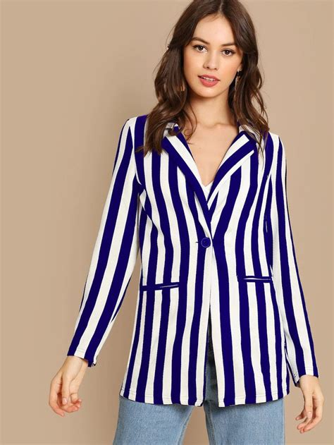 Notch Collar Single Button Striped Blazer Shein Women Shirt Top Striped Blazer Women Long