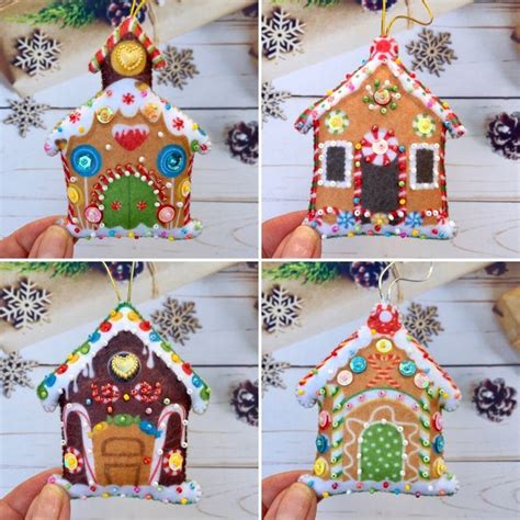 Four Different Pictures Of A Gingerbread House Ornament