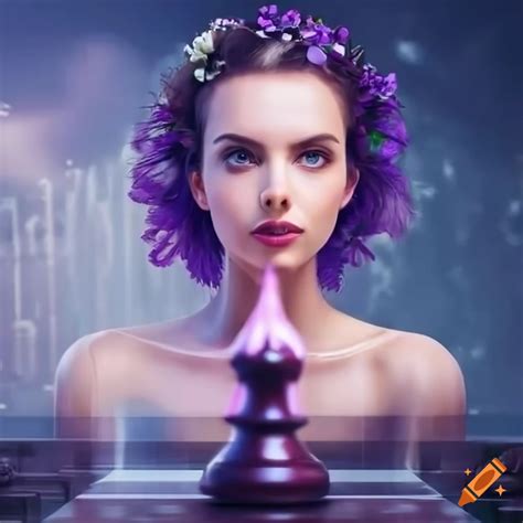 Beautiful Woman Resembling The Chess Queen With A Violet Flower In Her