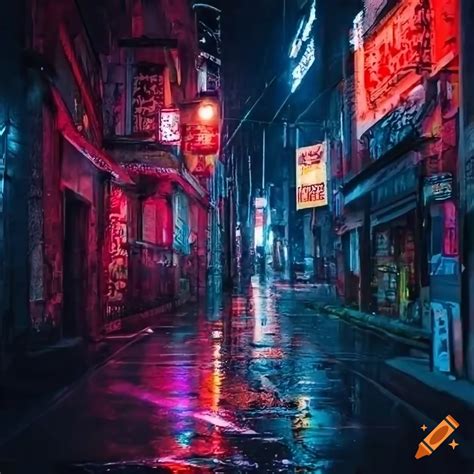 Cyberpunk Alley With Neon Lights In The Rain On Craiyon