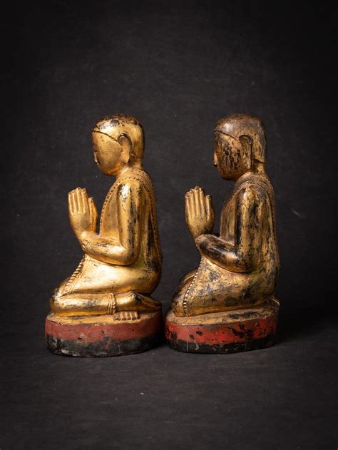 Th Century Pair Of Antique Wooden Burmese Monk Statues