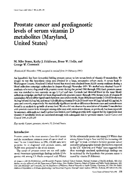 Pdf Prostate Cancer And Prediagnostic Levels Of Serum Vitamin D Metabolites Maryland United