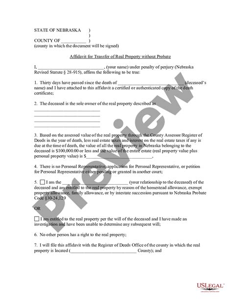 Nebraska Small Estate Affidavit For Real Property Of Estates Not More