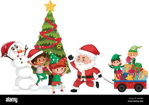 Santa Claus With Happy Children And Christmas Tree Illustration Stock