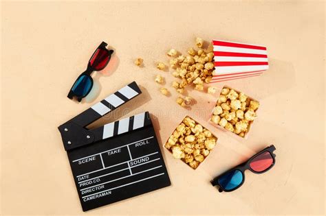 Bowl Of Popcorn And 3D Glasses For Watching Movies Clapperboard Top