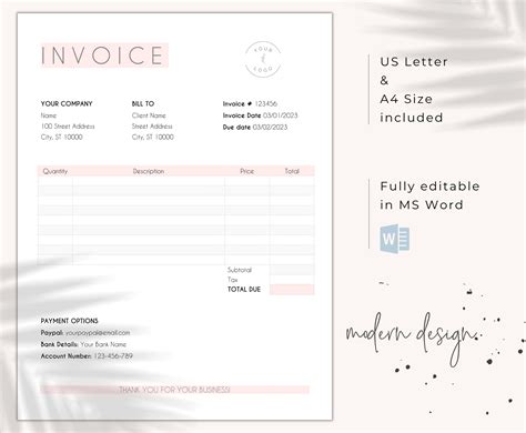 Invoice Template Word / Logo / Billing Form / Editable / Instant ...
