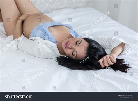 Sensual Pregnant Female Lingerie Shirt Touching Stock Photo Shutterstock
