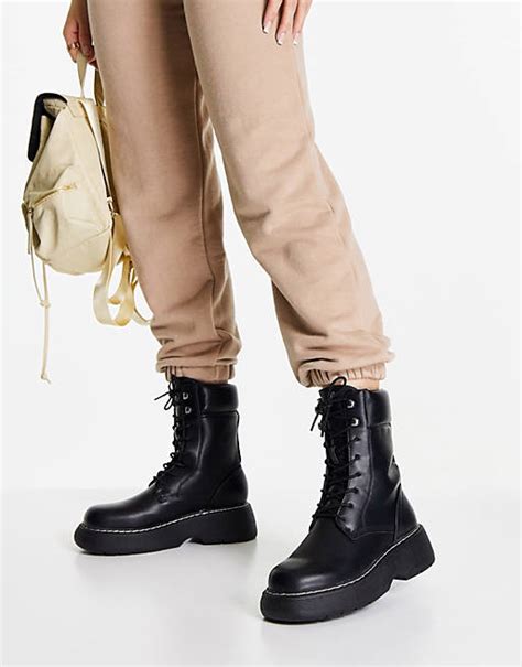 Truffle Collection Chunky Lace Up Utility Boots In Black Asos