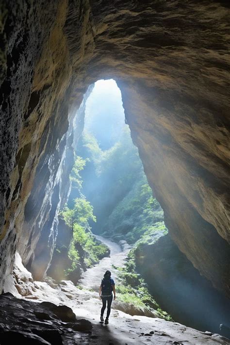 Woman as individual hiking through an impressive cave system - #8730131 ...