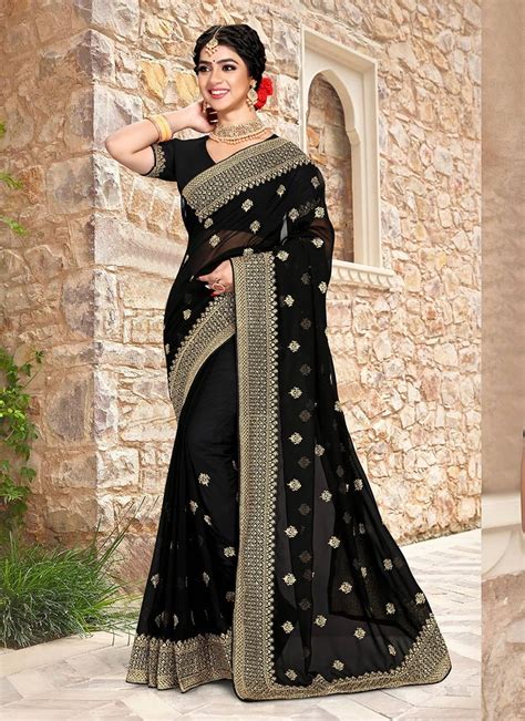 Buy Black Color Zari Embroidery With Stone Work Georgette Saree Party