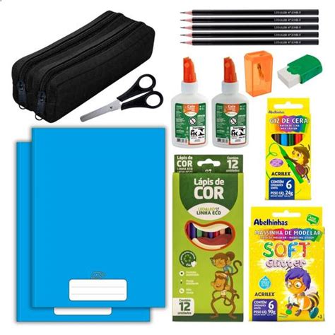 Kit Material Escolar Caderno Brochura Estojo Duplo Itens Masculino