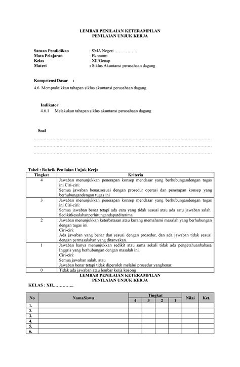 Lembar Ketrampilan Unjuk Kerja Lembar Penilaian Keterampilan
