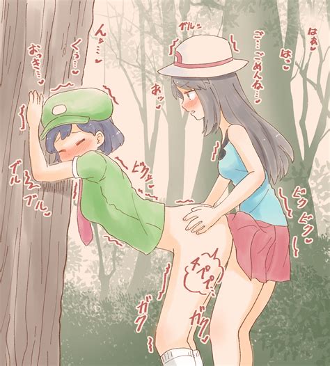 Rule 34 1futa 1girls Against Tree Azumanishiki Bare Arms Blue Hair Blue Shirt Blush Bottomless