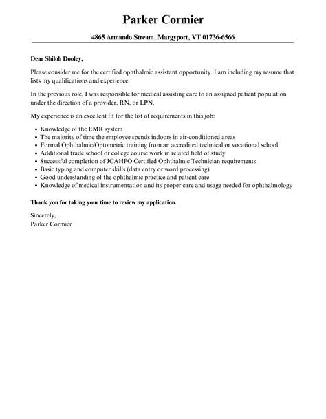 Certified Ophthalmic Assistant Cover Letter Velvet Jobs