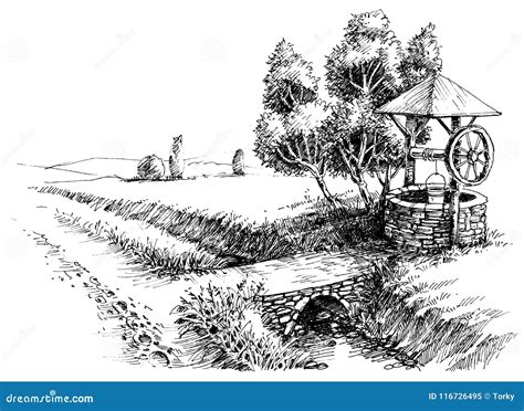 Old well idyllic landscape stock vector. Illustration of graphic - 116726495