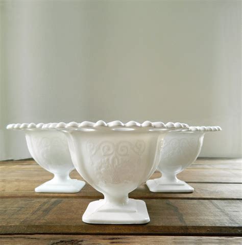 3 Vintage Lace Edge Milk Glass Pedestal Bowls By Myothermind