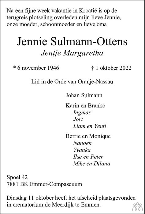 Jennie Jentje Margaretha Sulmann Ottens Overlijdensbericht