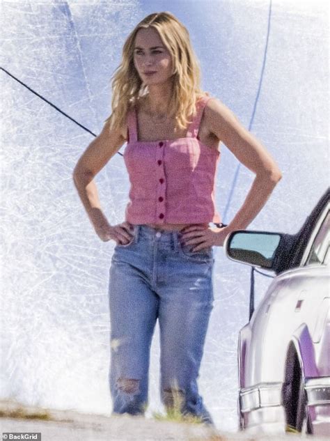 Emily Blunt Wears A Pink Tank Top And Worn In Jeans As She Film Scenes