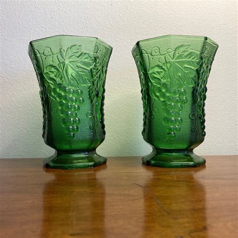 Pair Of 1940s Anchor Hocking Green Glass Vases Grapes And Leaves Design