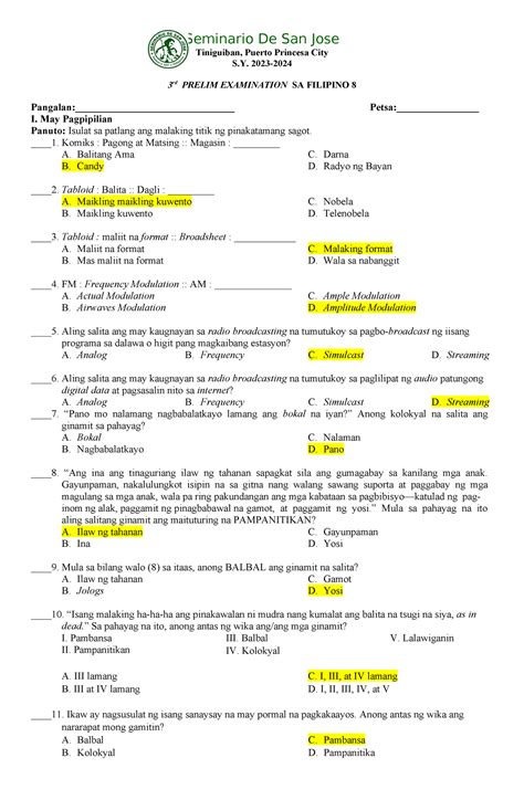 Prelim For Teaching Purposes Seminario De San Jose Tiniguiban Puerto Princesa City S 2023