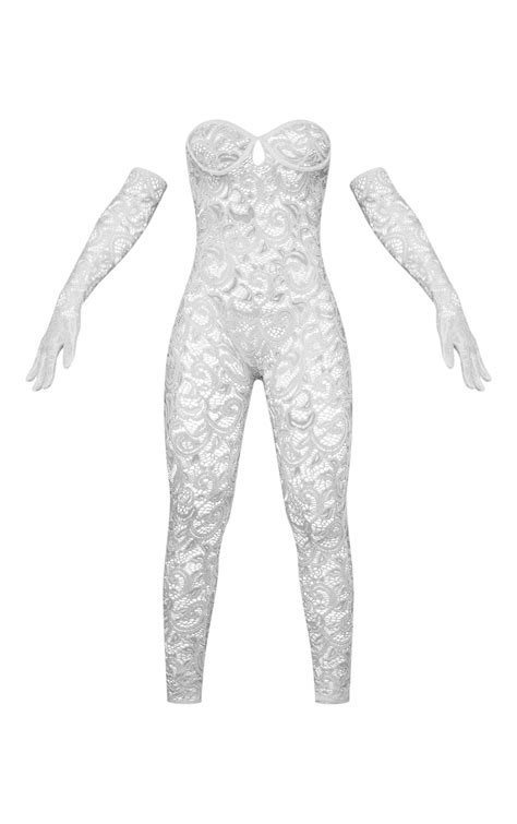 Combinaison de lingerie en dentelle blanche à armatures et gants